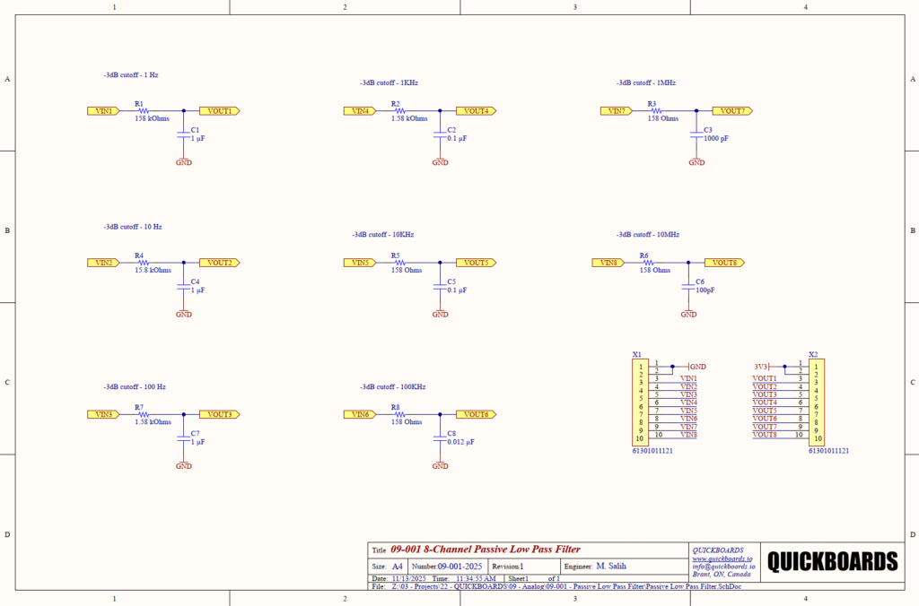 A technical schematic for a 8-channel Passive Low Pass Filter. The page features six identical active filter circuits arranged in two columns, labeled VIN1 through VIN6. Each circuit utilizes an RC circuit with varying capacitor and resistor values to achieve specific -3dB cutoff frequencies ranging from 1 Hz to 10 MHz.