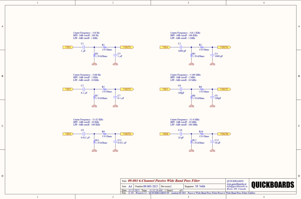 A technical schematic for a 6-channel Passive Wideband Pass Filter. The page features six identical active filter circuits arranged in two columns, labeled VIN1 through VIN6. Each circuit utilizes an RC circuit with varying capacitor and resistor values to achieve specific -3dB cutoff frequencies ranging from 1 Hz to 10 MHz.